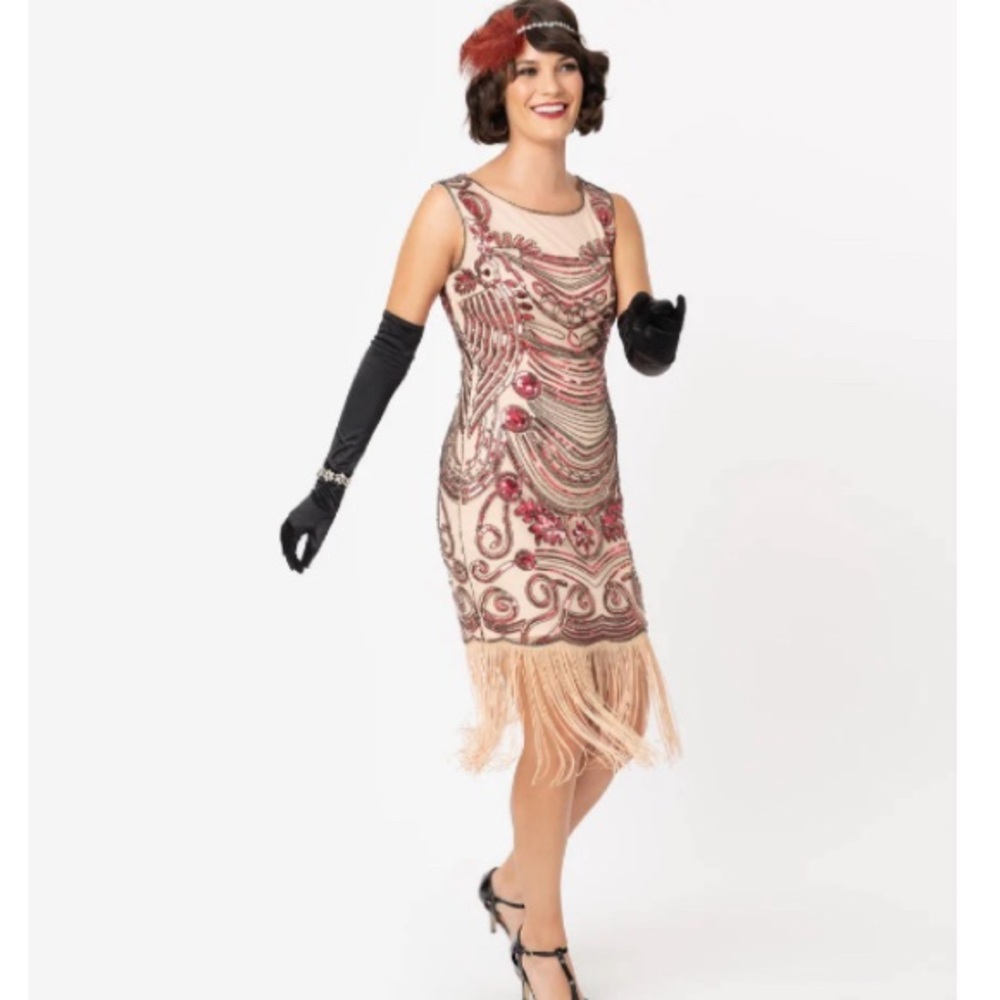 1920s Nude and Pink Beaded Fringe Cocktail Dress.